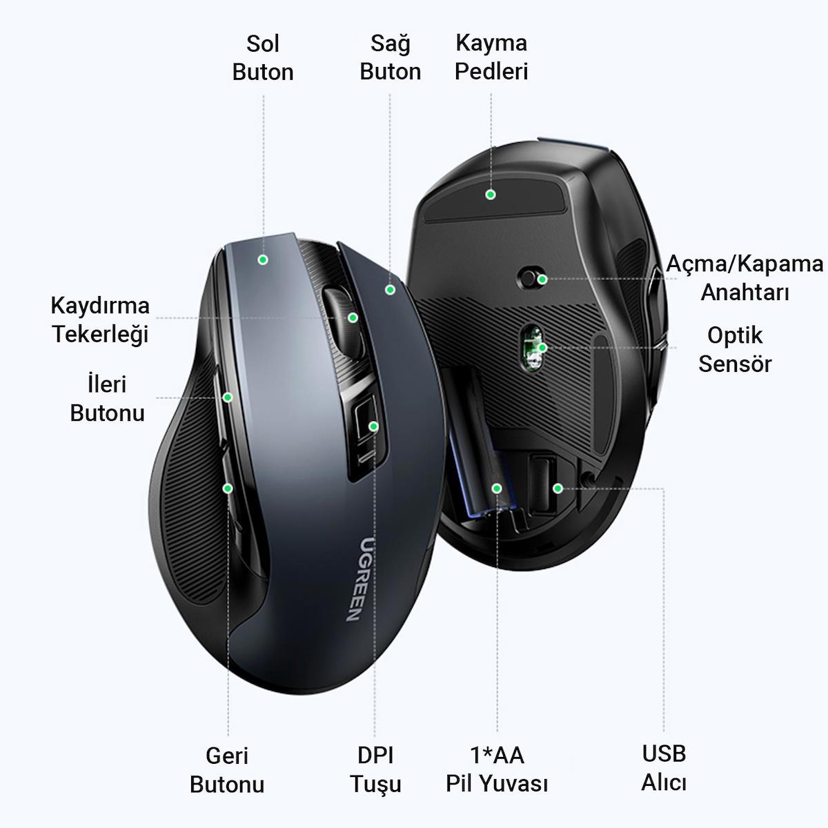 Ugreen 4000DPI Ergonomik Sessiz Kablosuz Optik Mouse