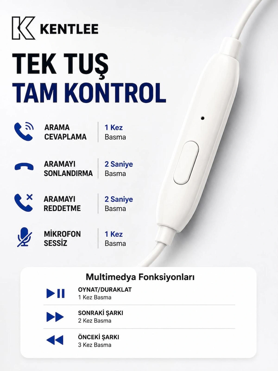 Yüksek Sesli Stereo Kulak İçi Kulaklık Mikrofonlu Beyaz 3.5mm Aux Jack Girişli 1m Kablo Tak Çalıştır iOS Android