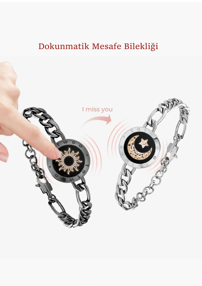 Mesafe Bilekliği – Totwoo Akıllı Dokunmatik Sevgililer Bilekliği – Figaro Ay ve Güneş – Gümüş ve Siyah