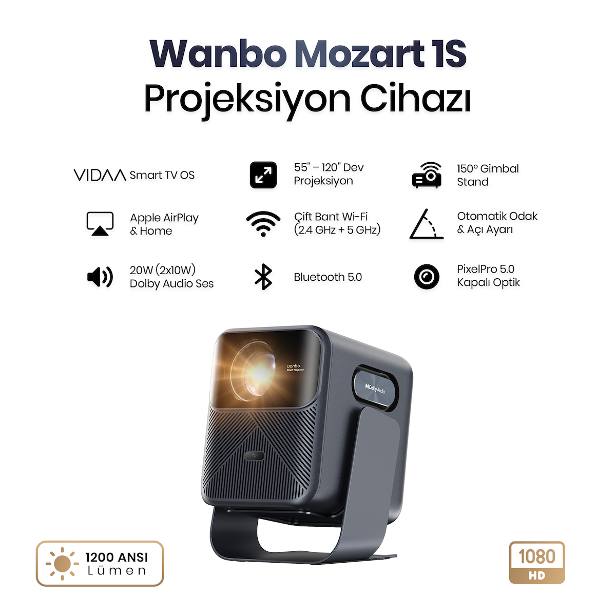 Wanbo Mozart 1S 1200 ANSI VIDAA Voice Full HD Akıllı Projeksiyon Cihazı 4K Destekler Dahili Gimbal Stand