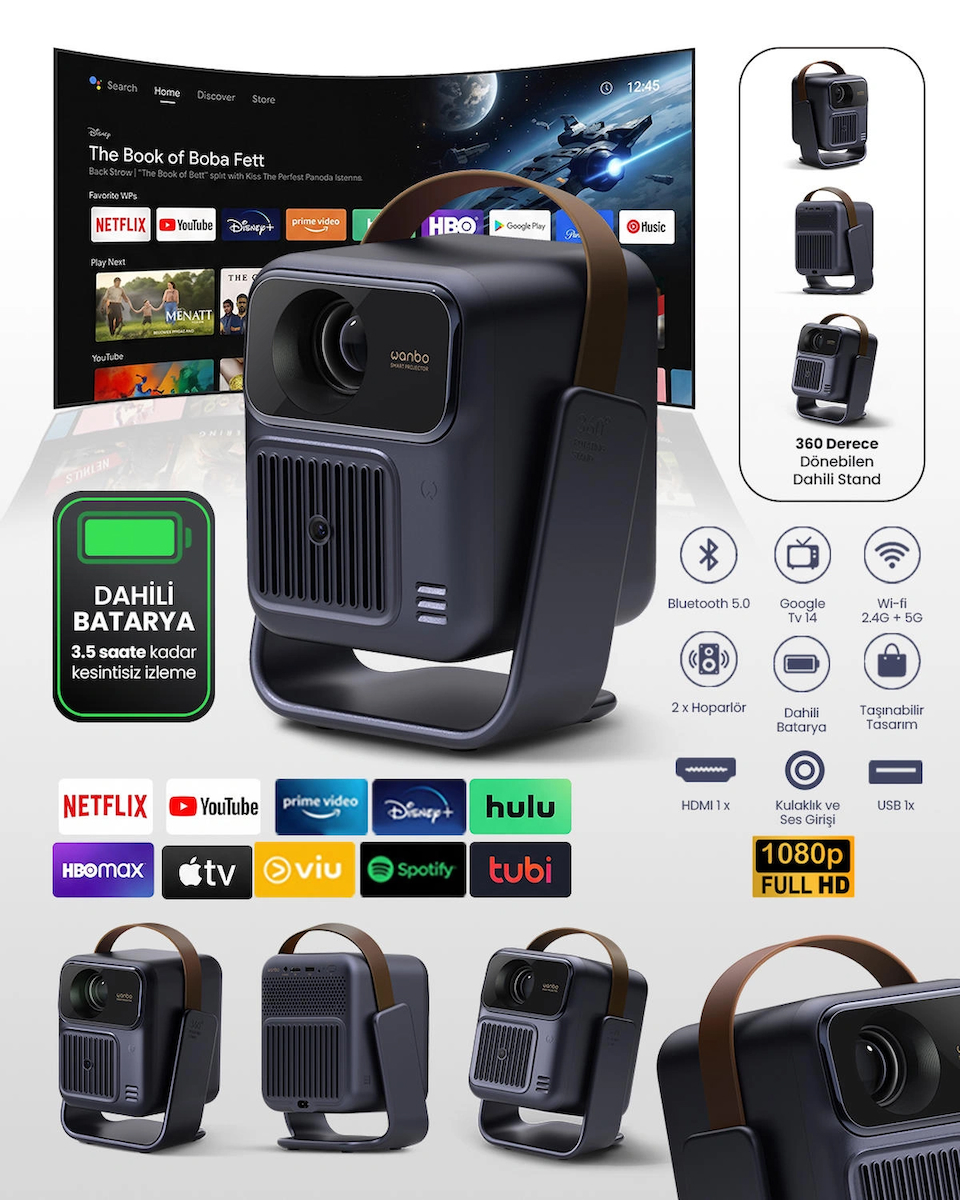 Wanbo ToGo Pro Android TV 14 Taşınabilir,Bataryalı Full HD 500 ANSI Dahili standlı projeksiyon cihazı