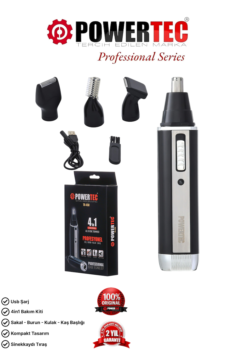 Powertec TR-450 Profesyonel 4’ü 1 Arada Sakal Kaş Burun Kulak Kıl Tüy Alma Erkek Bakım Seti
