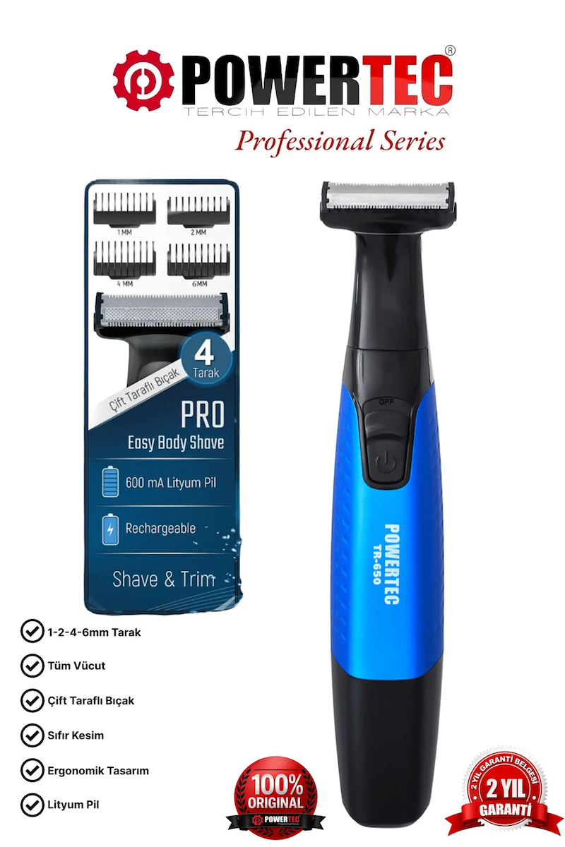 Powertec TR-650 (TAHRİŞ KARŞITI) Şarjlı Epilasyon Öncesi Hassas Vücut Tıraş Makinesi Çift Bıçak 2 Yıl Garanti