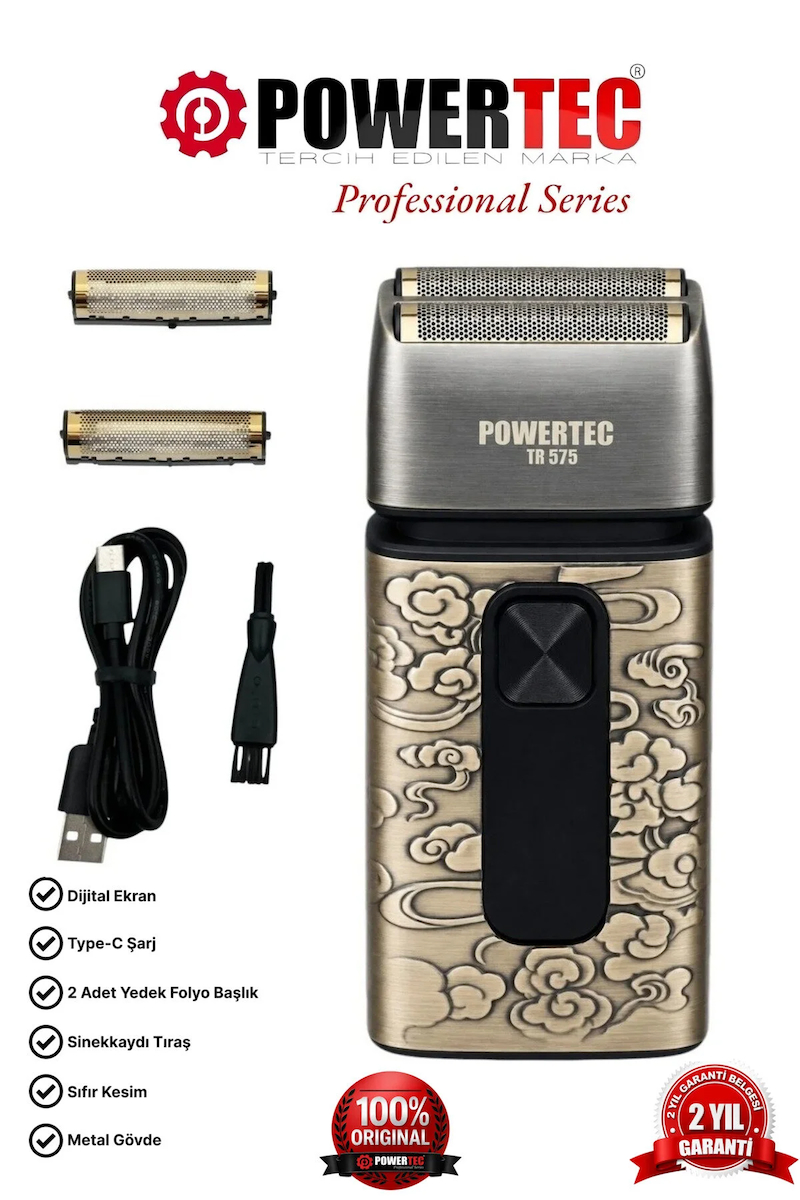 Powertec TR-575 Profesyonel Günlük Sakal Tıraş Makinesi (Çift Elek Başlıklı ve Yedek Başlık Hediyeli)