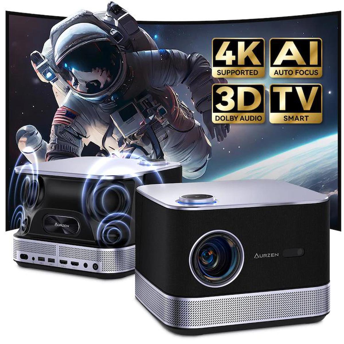 Aurzen Boom 3 4K Android Projeksiyon Cihazı + Auto Focus + Auto Keystone + 6G WiFi + 5.2 Bluetooth + 250 İnç Yansıtma + 36W HiFi Dolby Ses Sistemi