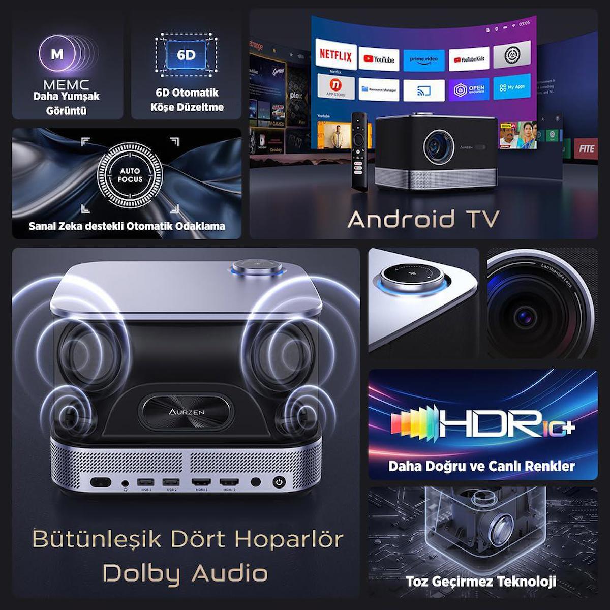 Aurzen Boom 3 4K Android Projeksiyon Cihazı + Auto Focus + Auto Keystone + 6G WiFi + 5.2 Bluetooth + 250 İnç Yansıtma + 36W HiFi Dolby Ses Sistemi