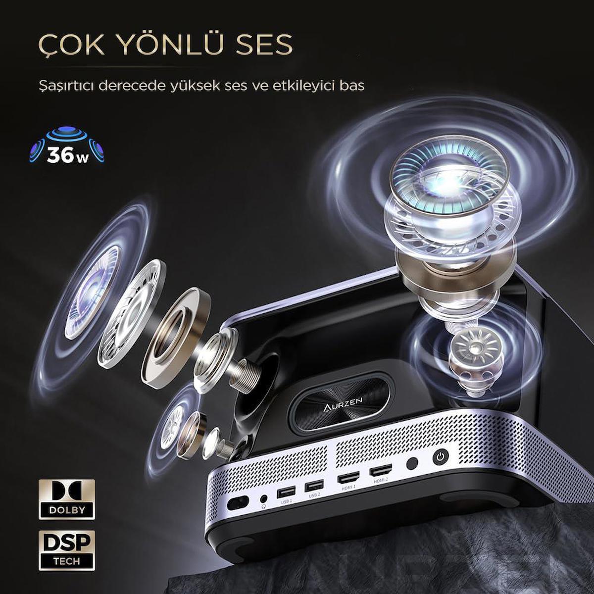 Aurzen Boom 3 4K Android Projeksiyon Cihazı + Auto Focus + Auto Keystone + 6G WiFi + 5.2 Bluetooth + 250 İnç Yansıtma + 36W HiFi Dolby Ses Sistemi