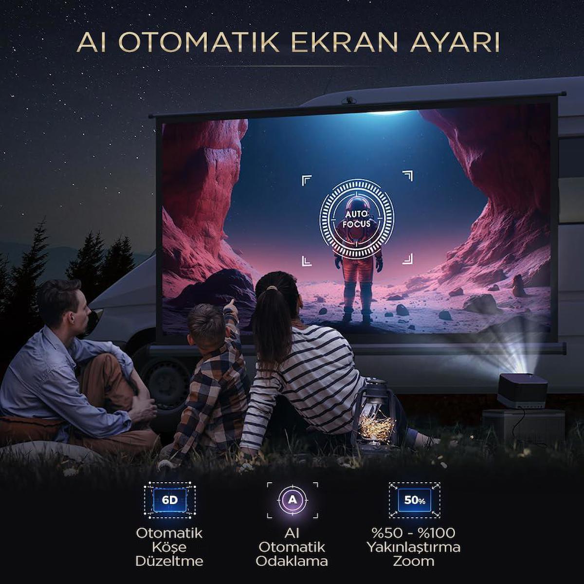 Aurzen Boom 3 4K Android Projeksiyon Cihazı + Auto Focus + Auto Keystone + 6G WiFi + 5.2 Bluetooth + 250 İnç Yansıtma + 36W HiFi Dolby Ses Sistemi