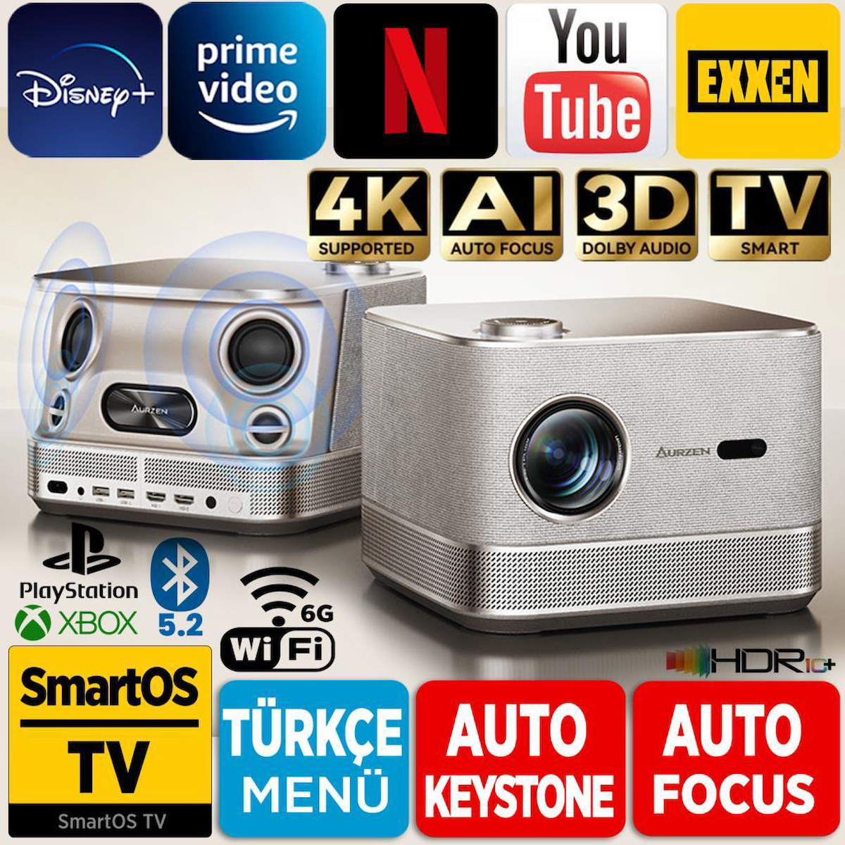 Vankyo Aurzen Boom 3 4K Android TV Projeksiyon Cihazı +Auto Focus+Auto Keystone+6G WiFi+5.2 Bluetooth+300 İnç Yansıtma+36W HiFi Dolby Ses Sistemi Gold – PS5/PS4/XBOX/HDMI