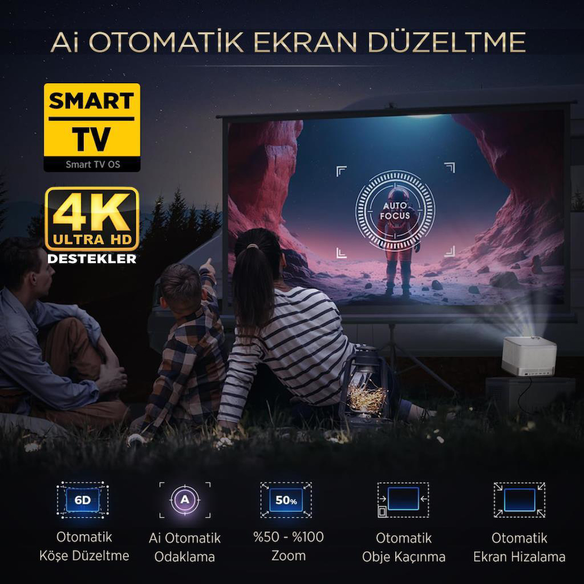 Vankyo Aurzen Boom 3 4K Android TV Projeksiyon Cihazı +Auto Focus+Auto Keystone+6G WiFi+5.2 Bluetooth+300 İnç Yansıtma+36W HiFi Dolby Ses Sistemi Gold – PS5/PS4/XBOX/HDMI