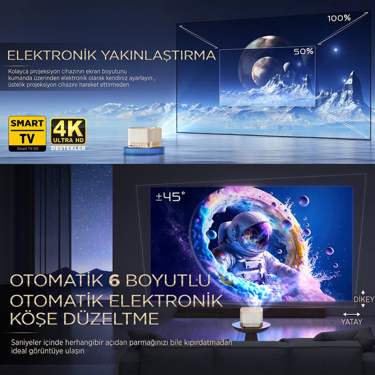 Vankyo Aurzen Boom 3 4K Android TV Projeksiyon Cihazı +Auto Focus+Auto Keystone+6G WiFi+5.2 Bluetooth+300 İnç Yansıtma+36W HiFi Dolby Ses Sistemi Gold – PS5/PS4/XBOX/HDMI