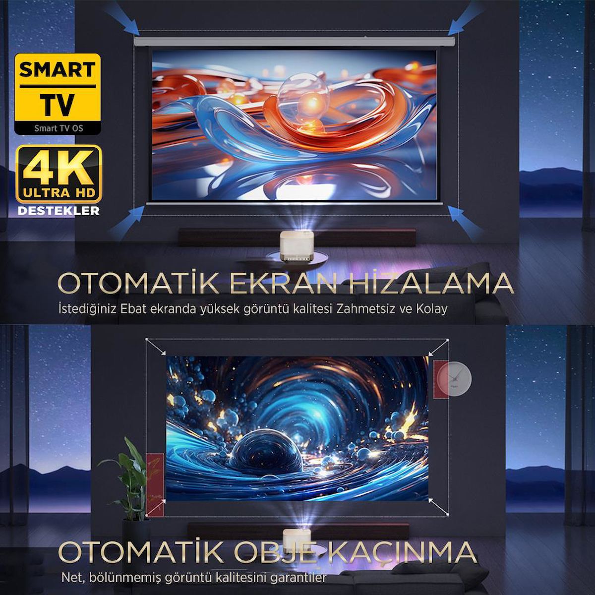 Vankyo Aurzen Boom 3 4K Android TV Projeksiyon Cihazı +Auto Focus+Auto Keystone+6G WiFi+5.2 Bluetooth+300 İnç Yansıtma+36W HiFi Dolby Ses Sistemi Gold – PS5/PS4/XBOX/HDMI