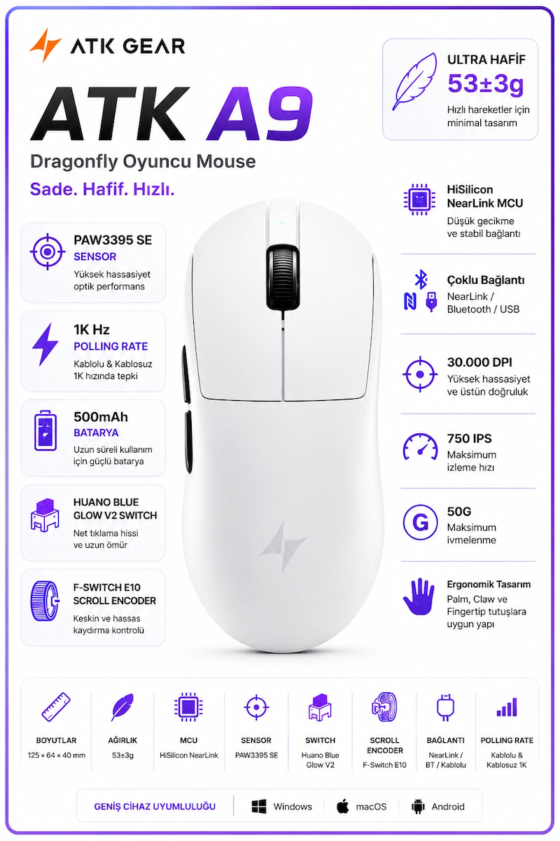 Atk Dragonfly A9 Kablosuz Oyun Mouse 26000 DPI Hisilicon Bağlantı ile Hızlı Kontrol PAW3395SE