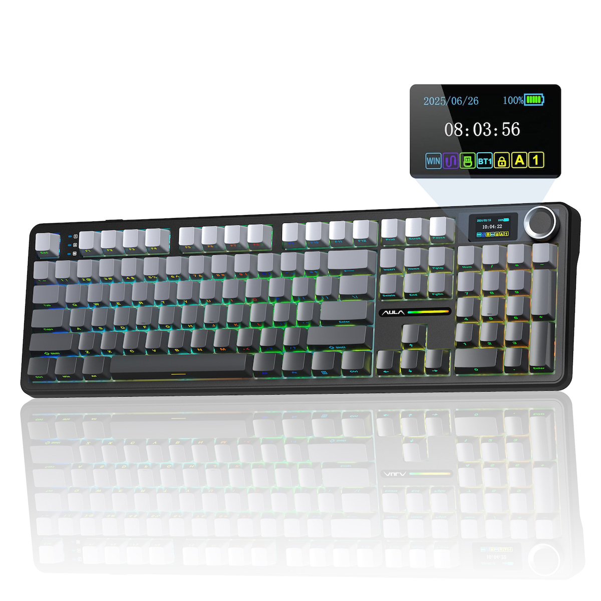 Aula F108 Pro Ekranlı Mekanik Klavye Zephyr Switch RGB Hot Swap 8000mAh Makrolu Oyuncu Klavyesi Gri