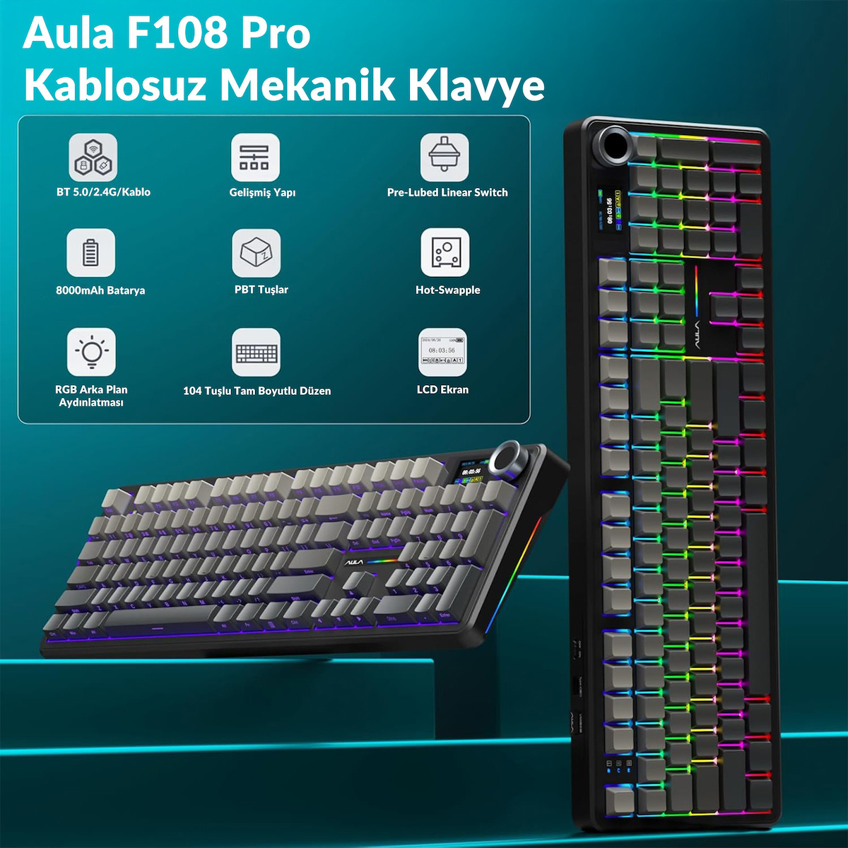 Aula F108 Pro Ekranlı Mekanik Klavye Zephyr Switch RGB Hot Swap 8000mAh Makrolu Oyuncu Klavyesi Gri