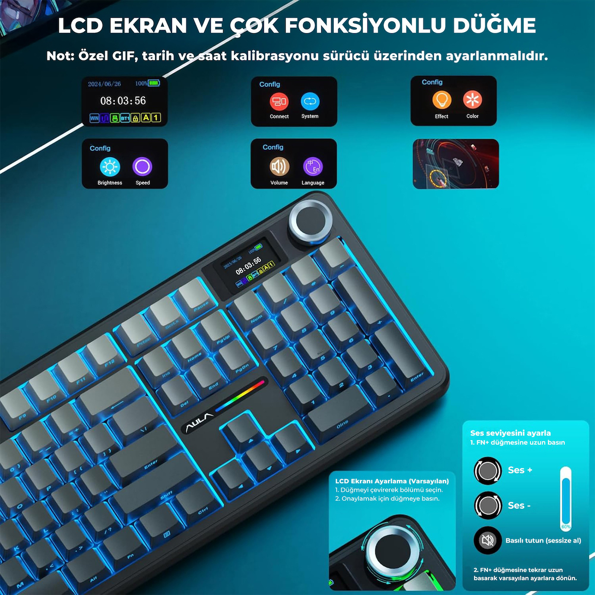 Aula F108 Pro Ekranlı Mekanik Klavye Zephyr Switch RGB Hot Swap 8000mAh Makrolu Oyuncu Klavyesi Gri