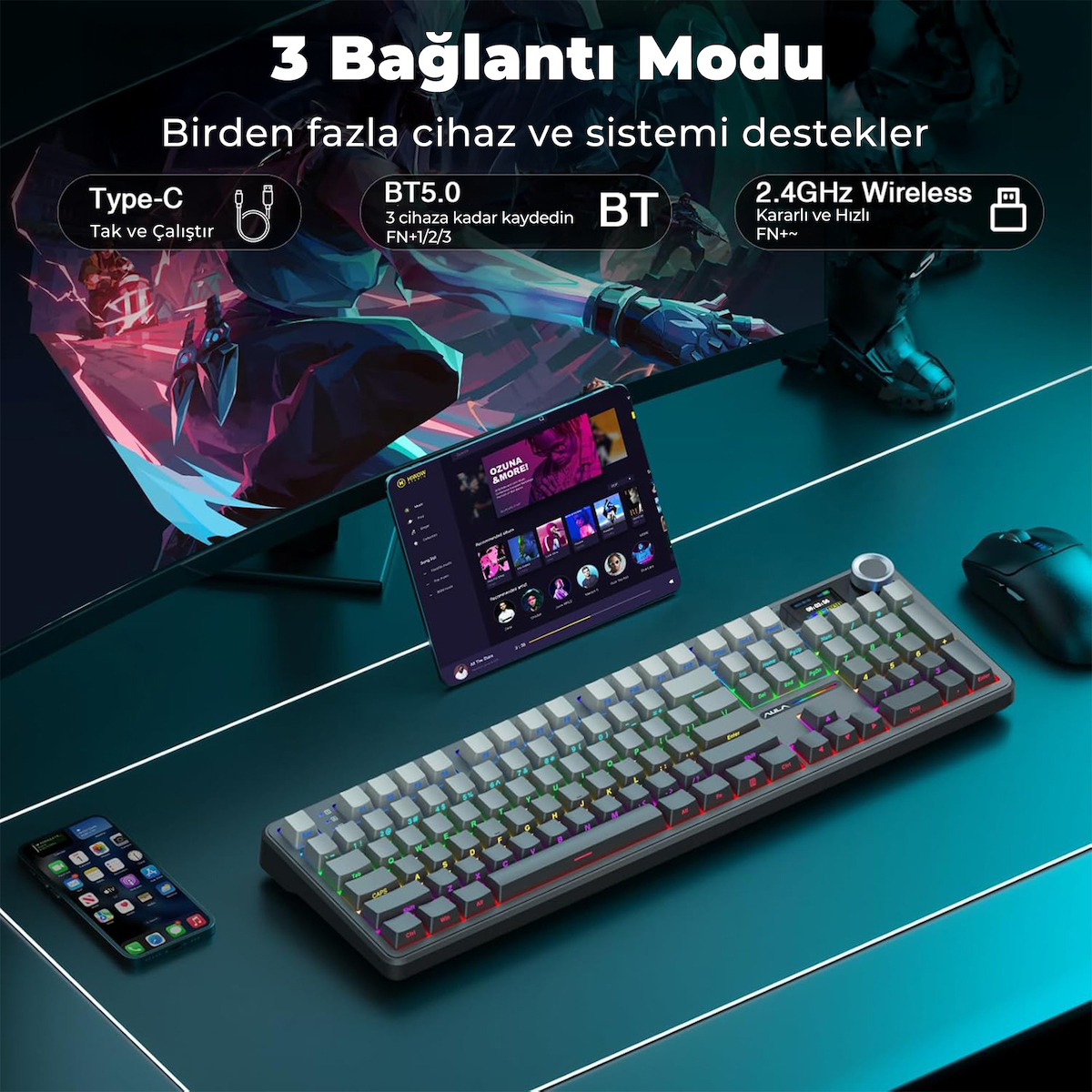 Aula F108 Pro Ekranlı Mekanik Klavye Zephyr Switch RGB Hot Swap 8000mAh Makrolu Oyuncu Klavyesi Gri