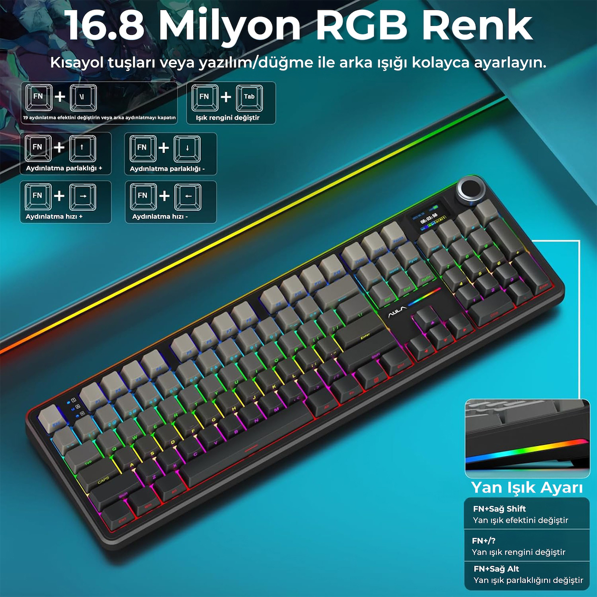 Aula F108 Pro Ekranlı Mekanik Klavye Zephyr Switch RGB Hot Swap 8000mAh Makrolu Oyuncu Klavyesi Gri