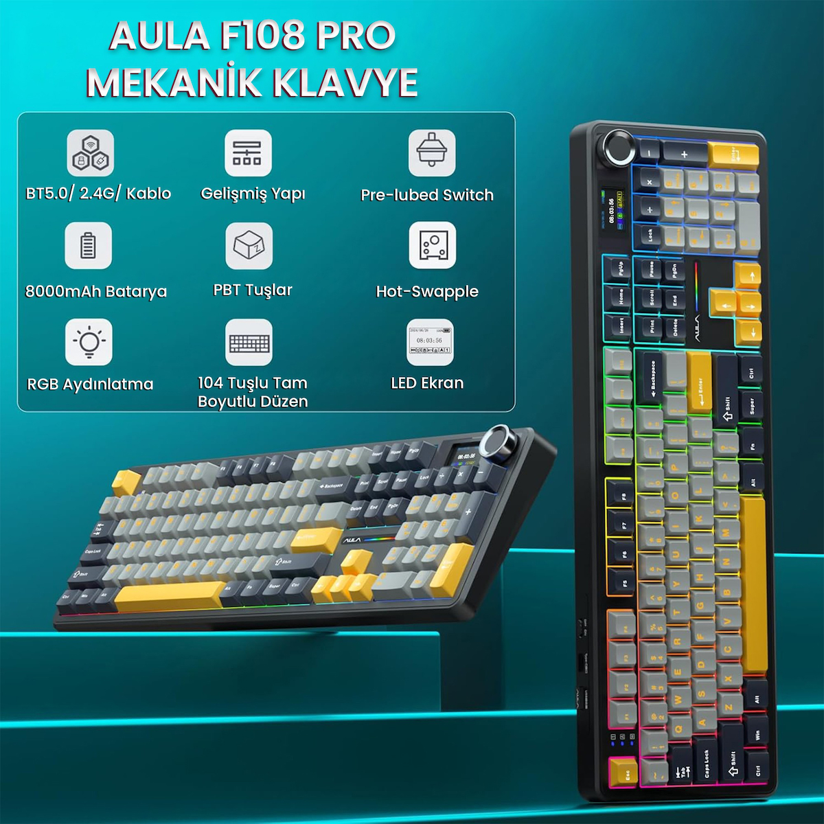 Aula F108 Pro Ekranlı Mekanik Klavye Reaper Switch RGB Hot Swap 8000mAh Makrolu Oyuncu Klavyesi Siyah