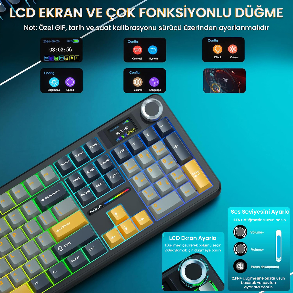 Aula F108 Pro Ekranlı Mekanik Klavye Reaper Switch RGB Hot Swap 8000mAh Makrolu Oyuncu Klavyesi Siyah