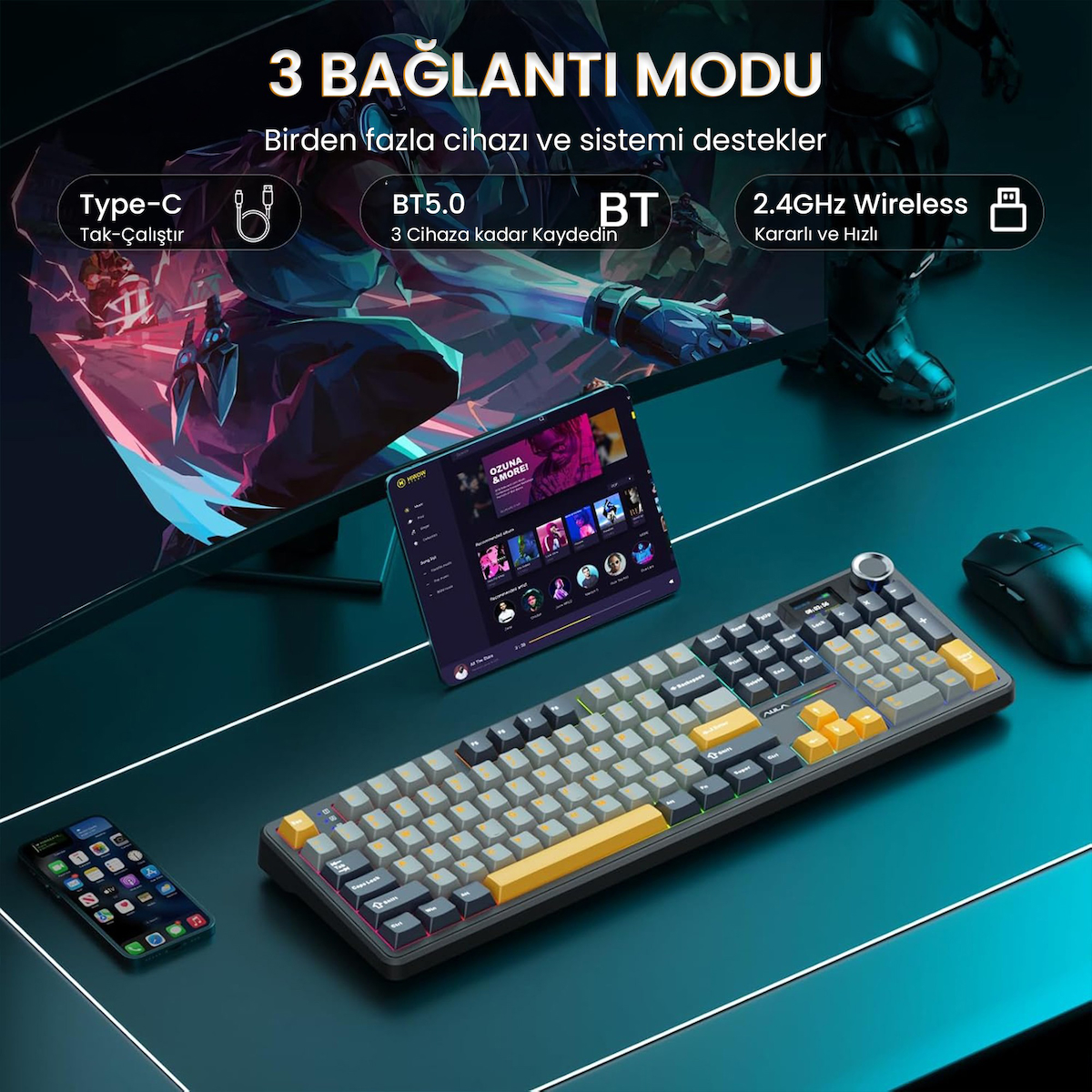 Aula F108 Pro Ekranlı Mekanik Klavye Reaper Switch RGB Hot Swap 8000mAh Makrolu Oyuncu Klavyesi Siyah