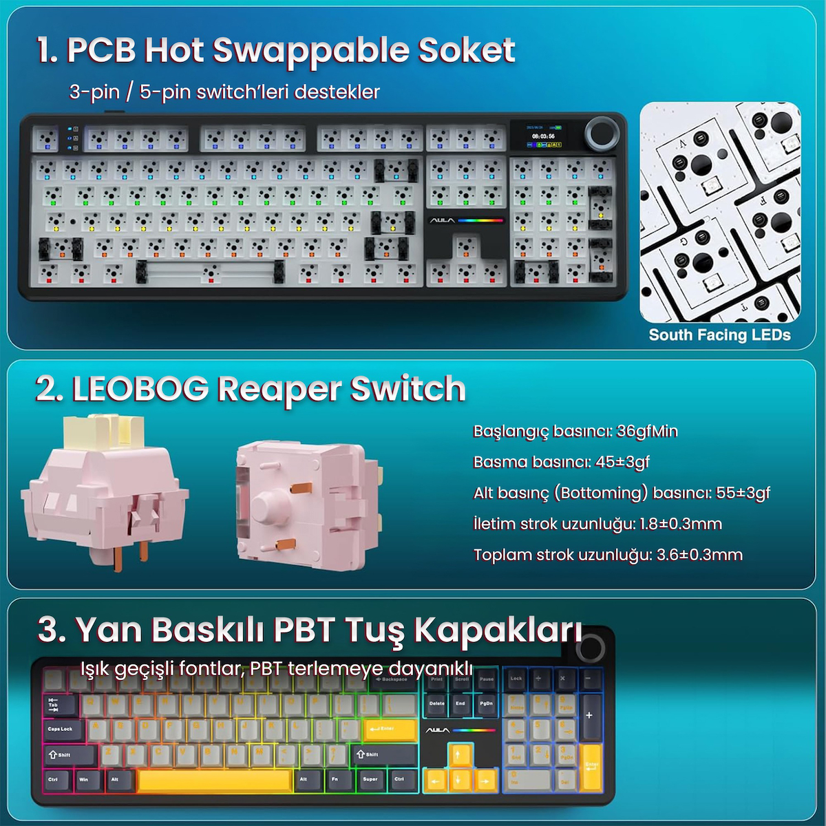 Aula F108 Pro Ekranlı Mekanik Klavye Reaper Switch RGB Hot Swap 8000mAh Makrolu Oyuncu Klavyesi Siyah