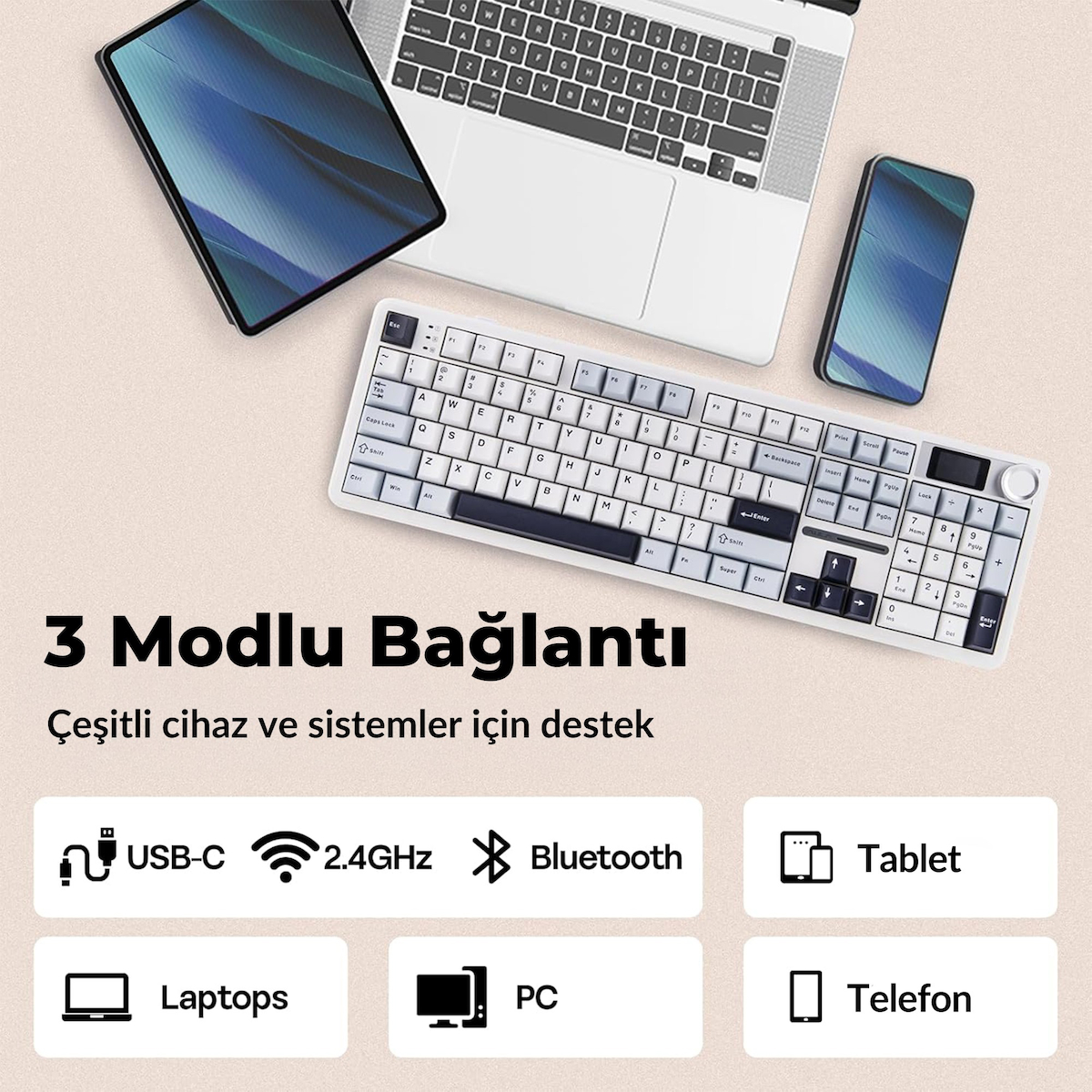 Aula F108 Pro Ekranlı Mekanik Klavye Reaper Switch RGB Hot Swap 8000mAh Makrolu Oyuncu Klavyesi Mavi