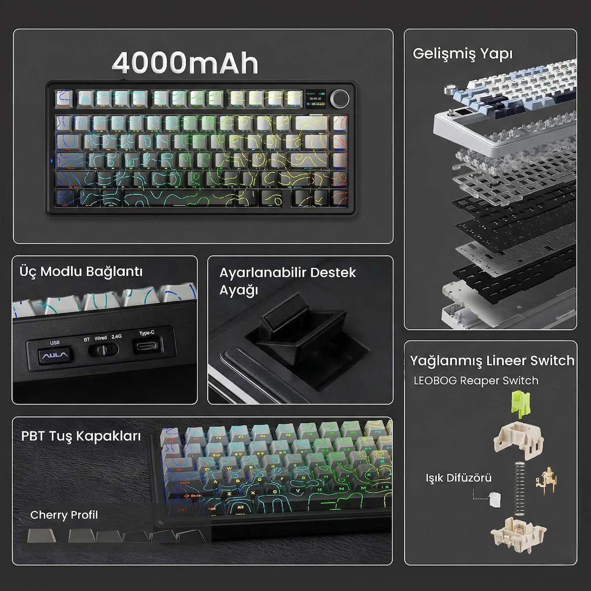Aula F75 Max Mekanik RGB TKL Reaper Switch Kablosuz Makrolu Hot Swap Klavye Desenli Siyah