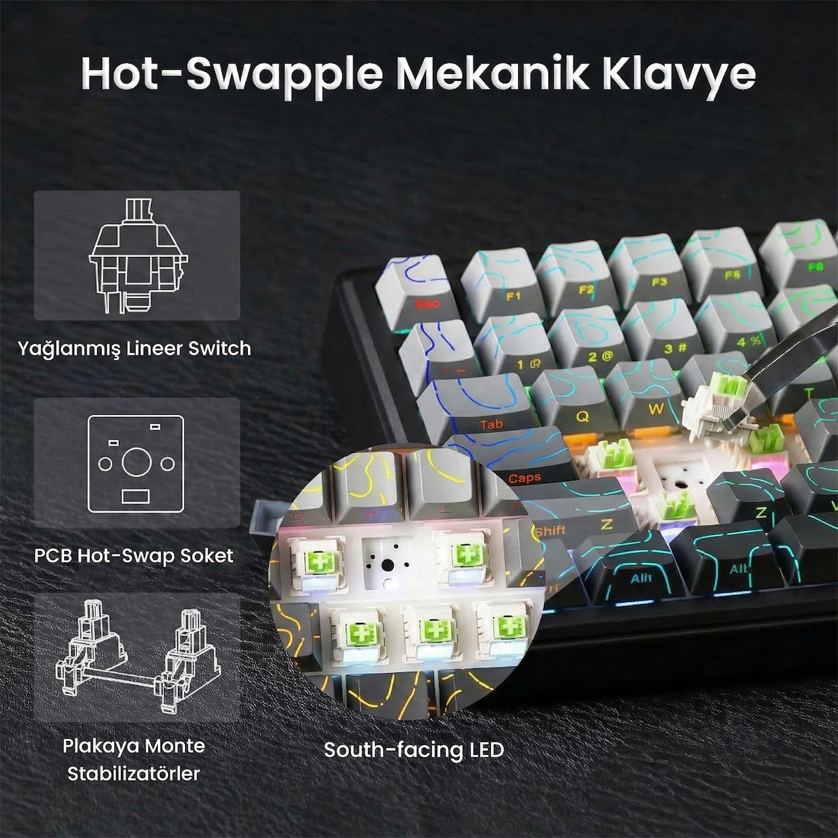 Aula F75 Max Mekanik RGB TKL Reaper Switch Kablosuz Makrolu Hot Swap Klavye Desenli Siyah
