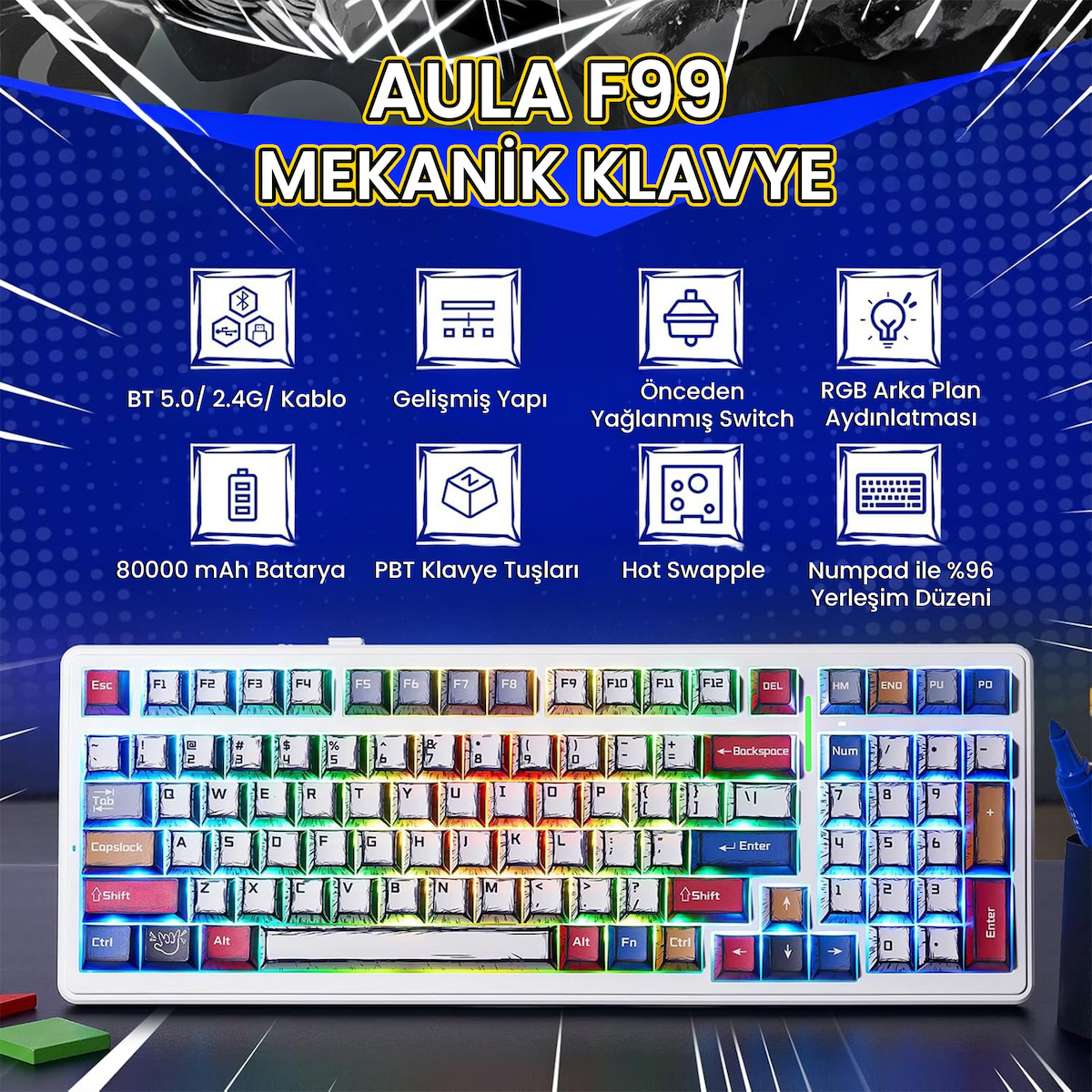 Aula F99 3 Modlu RGB Hot Swap Mekanik Linear GrayWood V3 Switch Kablosuz Makrolu Klavye Comic