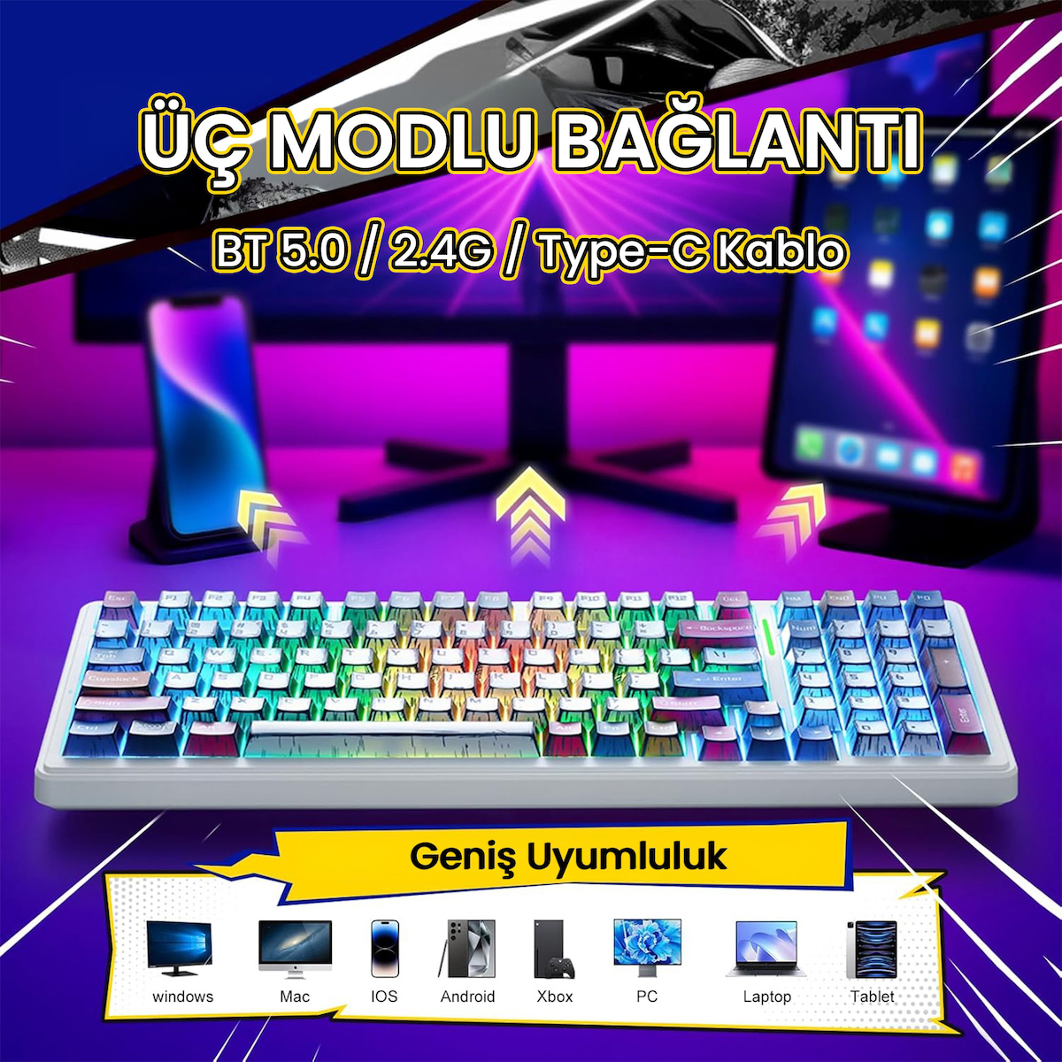 Aula F99 3 Modlu RGB Hot Swap Mekanik Linear GrayWood V3 Switch Kablosuz Makrolu Klavye Comic