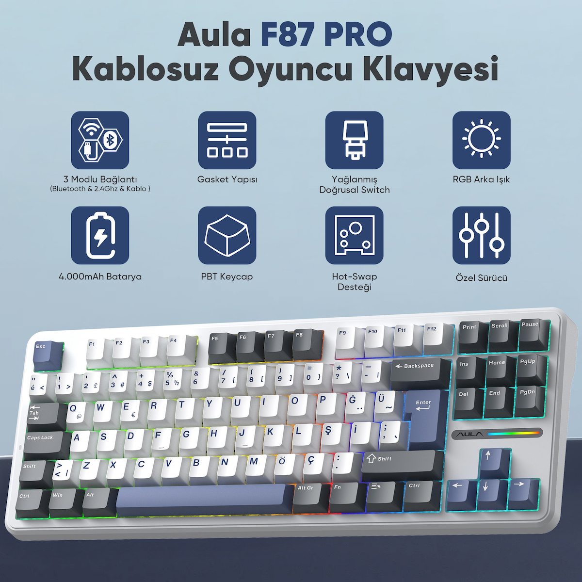 Aula F87 PRO Mekanik RGB TKL GrayWood V4 Switch Kablosuz Makrolu Hot Swap Türkçe Q Klavye Mavi