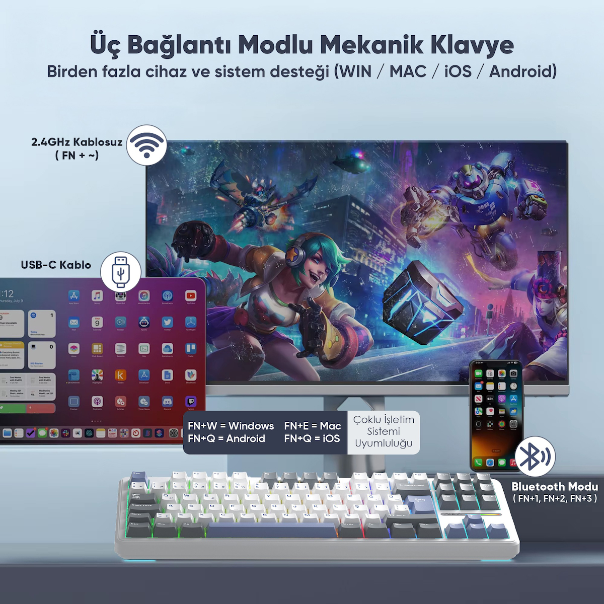 Aula F87 PRO Mekanik RGB TKL GrayWood V4 Switch Kablosuz Makrolu Hot Swap Türkçe Q Klavye Mavi