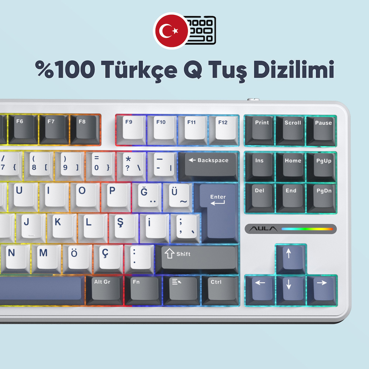 Aula F87 PRO Mekanik RGB TKL GrayWood V4 Switch Kablosuz Makrolu Hot Swap Türkçe Q Klavye Mavi