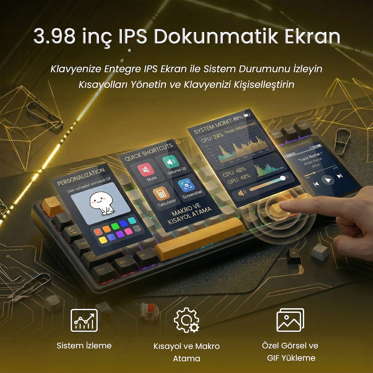 Aula L99 4″ Akıllı Dokunmatik Ekranlı 3 Modlu RGB Hot Swap Caramel Latte Switch Mekanik Kablosuz Oyuncu Klavyesi Bej