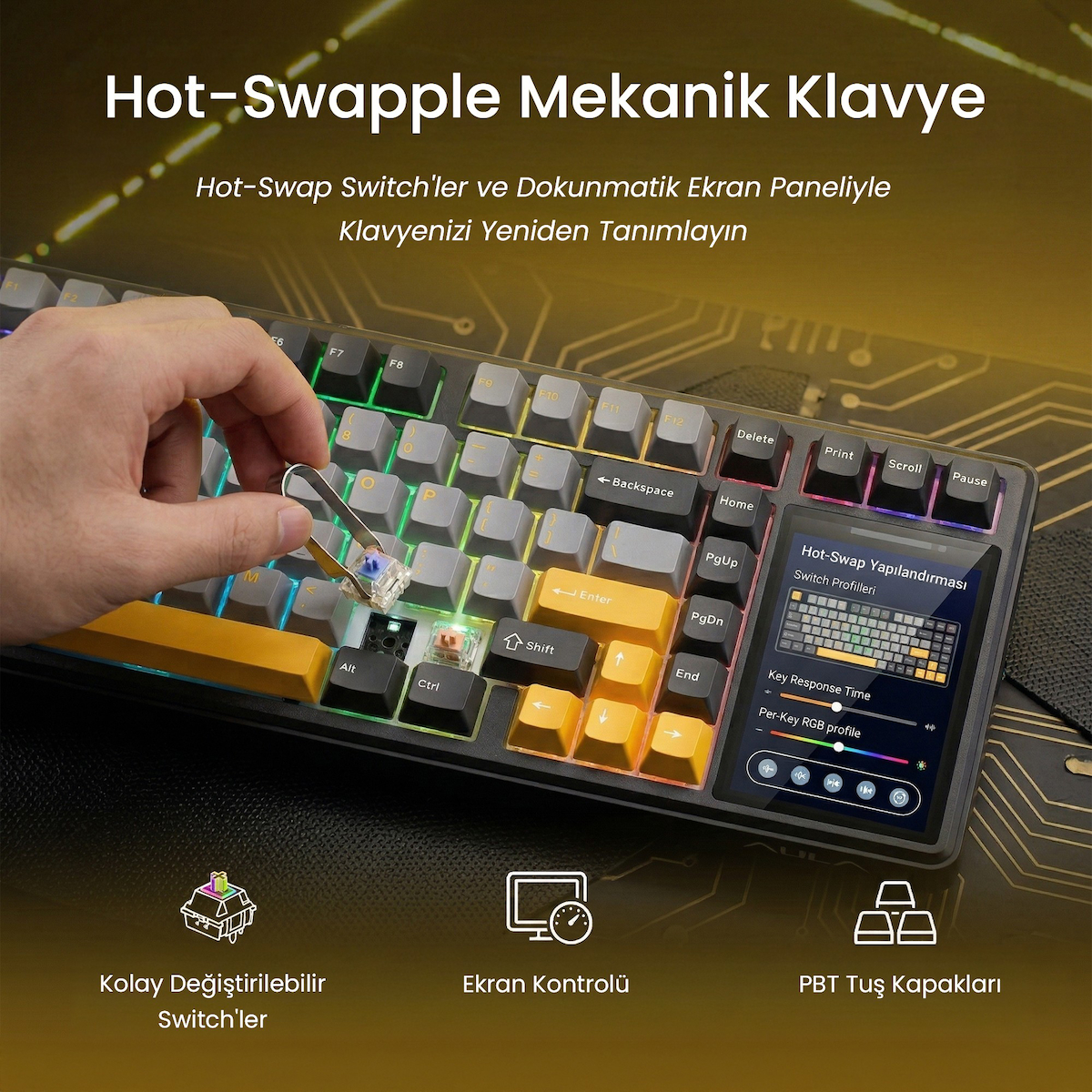 Aula L99 4″ Akıllı Dokunmatik Ekranlı 3 Modlu RGB Hot Swap Caramel Latte Switch Mekanik Kablosuz Oyuncu Klavyesi Bej