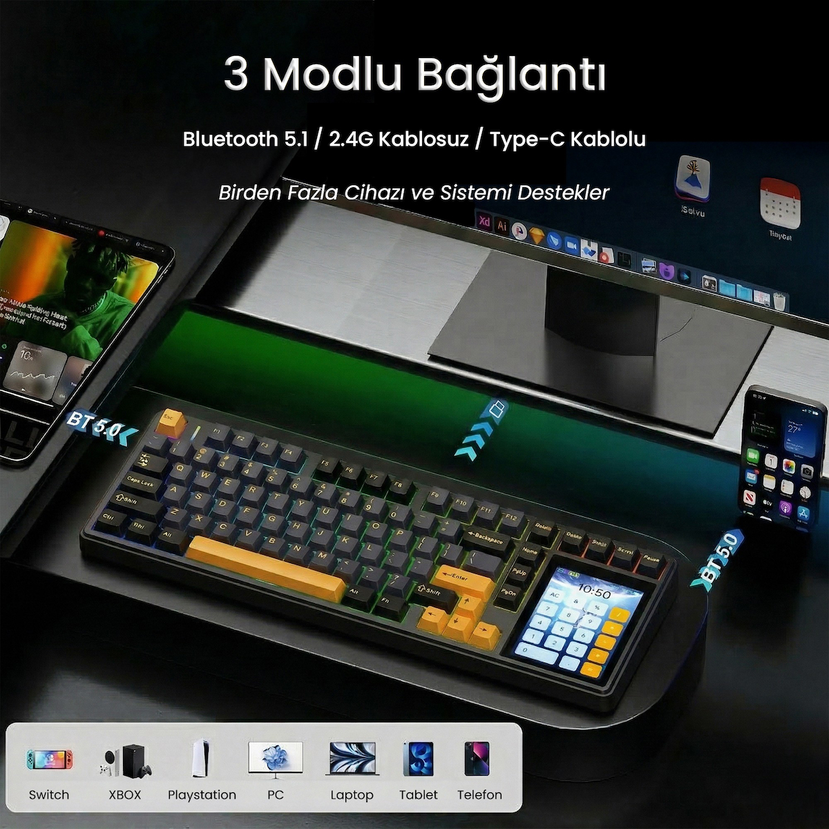 Aula L99 4″ Akıllı Dokunmatik Ekranlı 3 Modlu RGB Hot Swap Caramel Latte Switch Mekanik Kablosuz Oyuncu Klavyesi Bej