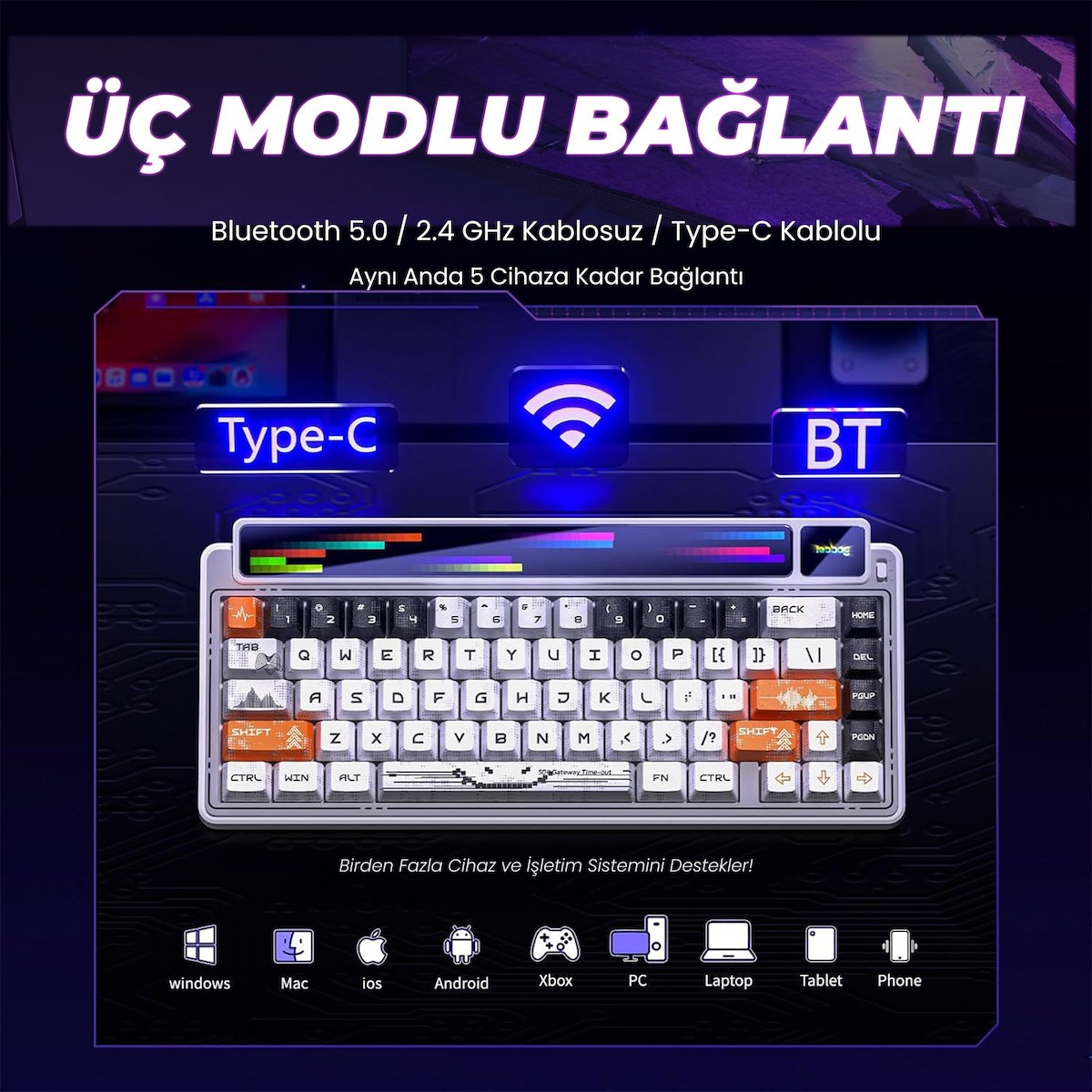 Leobog AMG65 Mekanik Gaming Oyuncu Klavyesi LED Matrix Ekranlı Silent Cotton Candy Switch RGB Hot Swap Turuncu