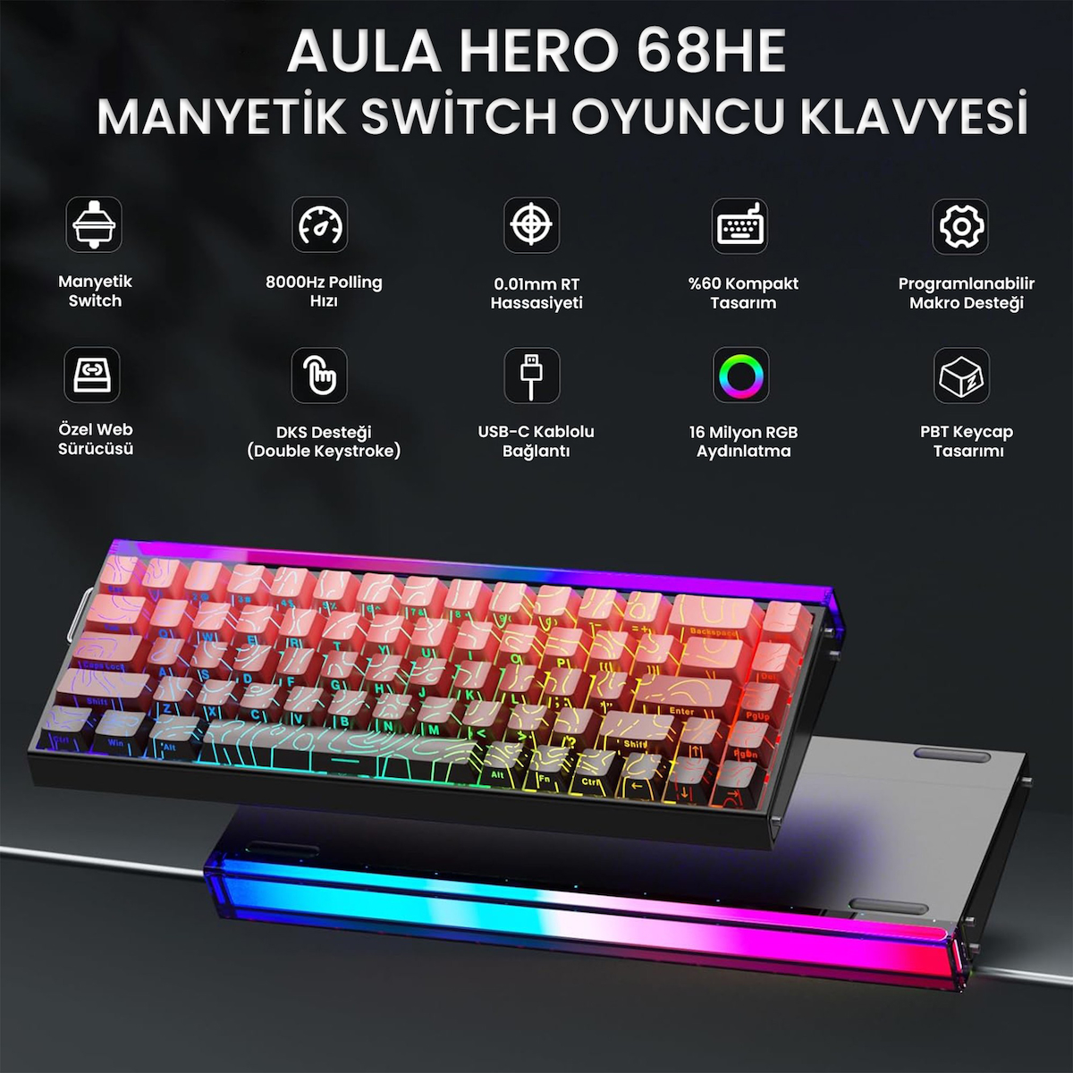 Aula Hero 68 He Manyetik Klavye Rapid Trigger Dragon King Switch 8000Hz RGB Neon TKL Hot Swap Oyuncu Klavyesi Kırmızı