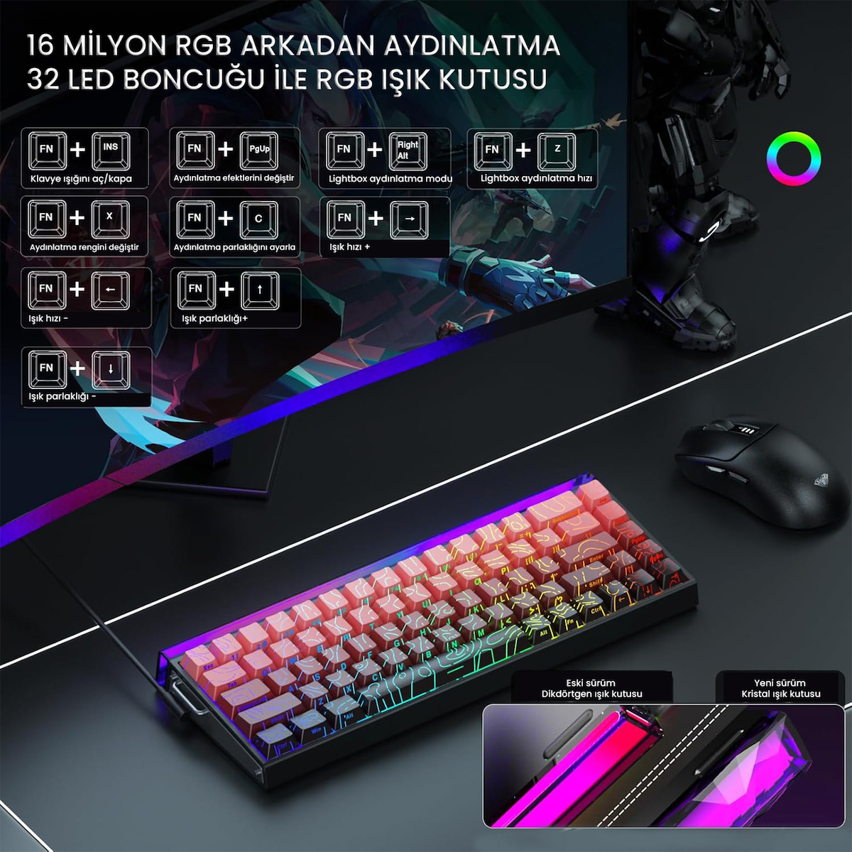 Aula Hero 68 He Manyetik Klavye Rapid Trigger Dragon King Switch 8000Hz RGB Neon TKL Hot Swap Oyuncu Klavyesi Kırmızı