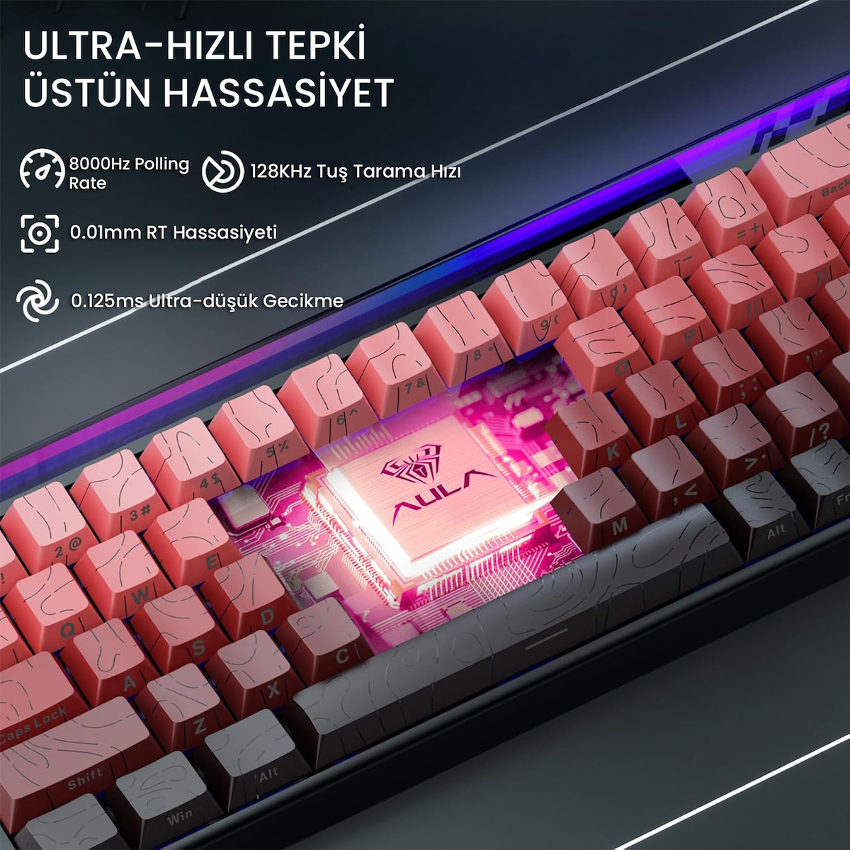Aula Hero 68 He Manyetik Klavye Rapid Trigger Dragon King Switch 8000Hz RGB Neon TKL Hot Swap Oyuncu Klavyesi Kırmızı