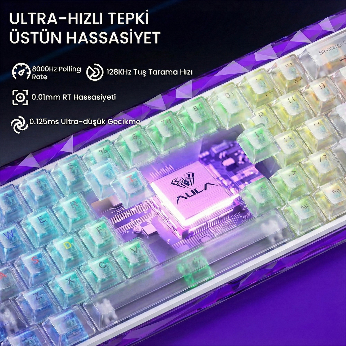Aula Hero 68 He Manyetik Klavye Rapid Trigger Silver Switch 8000Hz RGB Neon TKL Hot Swap Oyuncu Klavyesi Şeffaf