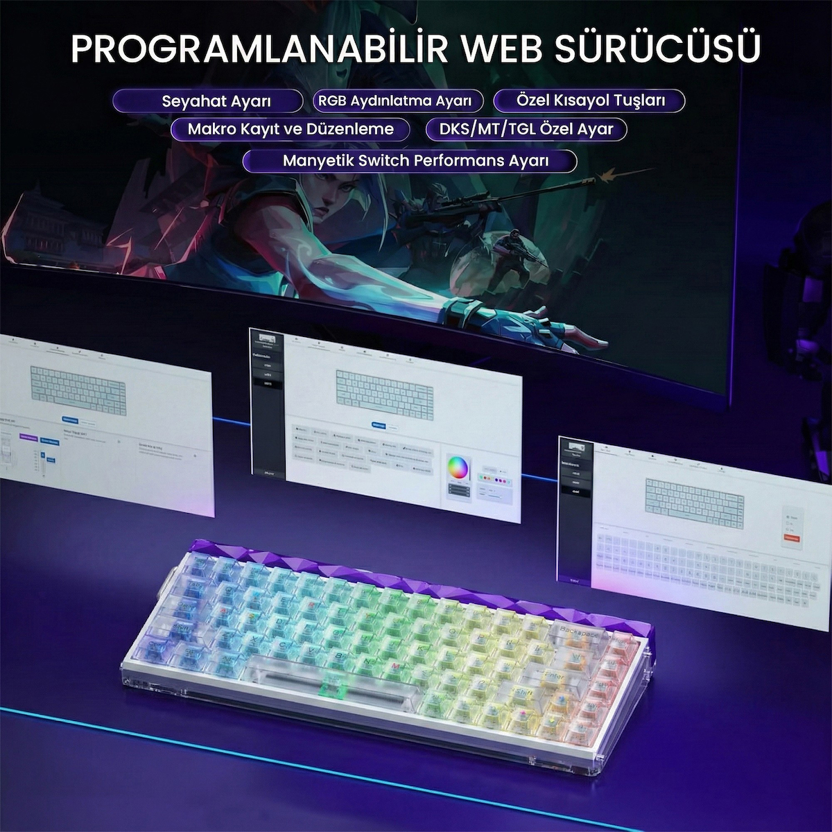 Aula Hero 68 He Manyetik Klavye Rapid Trigger Silver Switch 8000Hz RGB Neon TKL Hot Swap Oyuncu Klavyesi Şeffaf