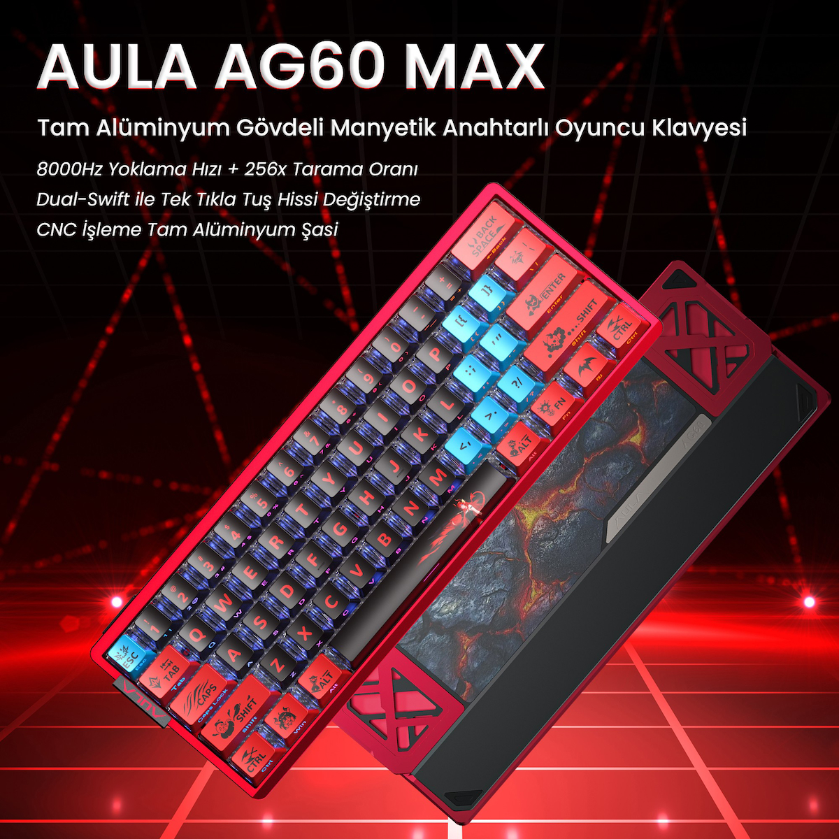 Aula AG60 Max Alüminyum Manyetik Klavye Hall Effect Frostcore Switch 8000Hz RGB TKL Hot Swap Oyuncu Klavyesi Kırmızı