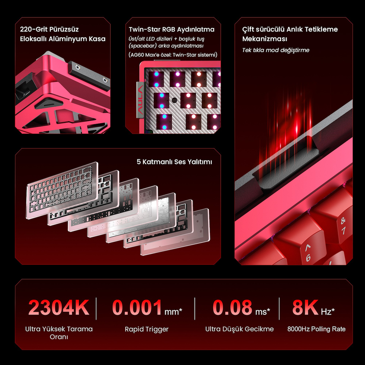 Aula AG60 Max Alüminyum Manyetik Klavye Hall Effect Frostcore Switch 8000Hz RGB TKL Hot Swap Oyuncu Klavyesi Kırmızı