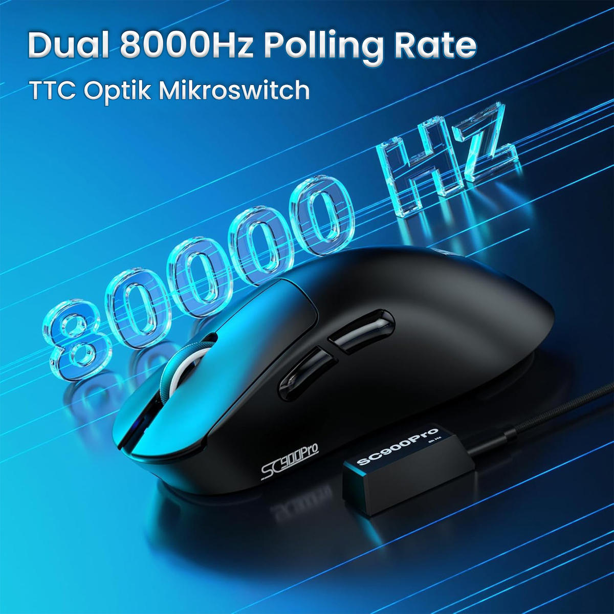 Aula SC900 Pro PAW3395 Sensör 26000 DPI 8000Hz Kablolu ve Kablosuz Gaming Oyuncu Mouse Siyah
