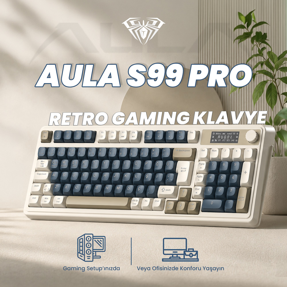 Aula S99 Pro Retro RGB Gaming 3 Modlu Bluetooth/2.4GHz/USB-C Kablosuz Makrolu Türkçe Q Klavye Lacivert