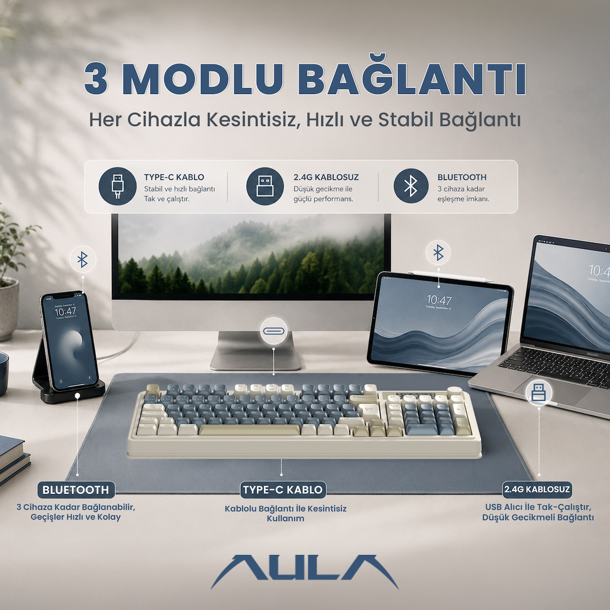 Aula S99 Pro Retro RGB Gaming 3 Modlu Bluetooth/2.4GHz/USB-C Kablosuz Makrolu Türkçe Q Klavye Lacivert