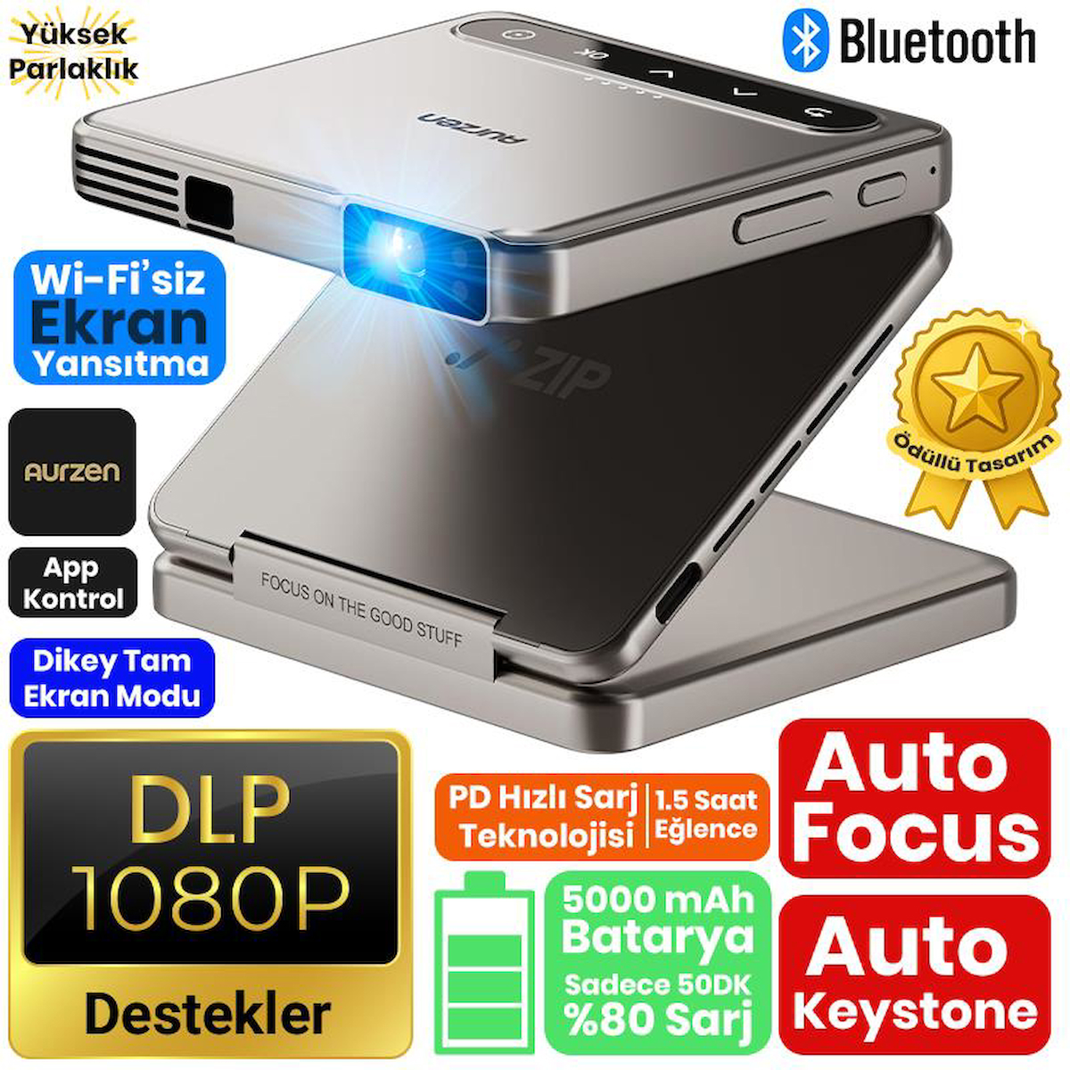 Vankyo Aurzen ZIP Katlanabilir DLP 1080P Destekli Bataryalı Projeksiyon Cihazı +Auto Focus+Auto Keystone+Type-C Hızlı Şarj+6G WiFi+6.1 Bluetooth Gold – PS5/PS4/XBOX