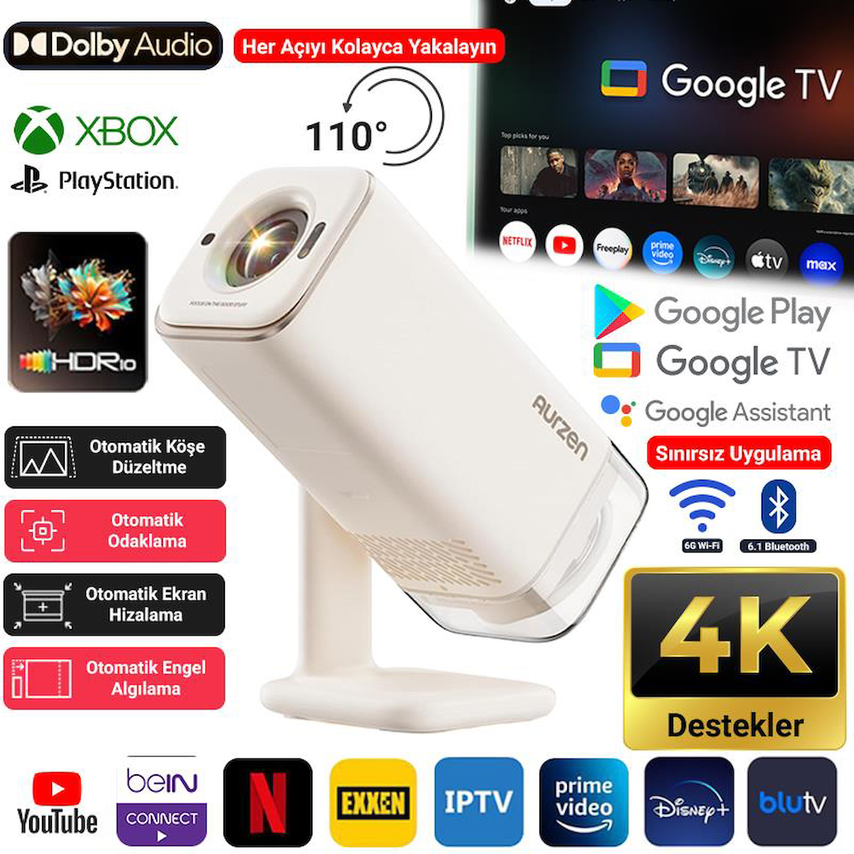 Vankyo Aurzen Boom Air Android Google TV 4K Destekli Projeksiyon Cihazı +HDR10+ToF Auto Focus+Auto Keystone+6G WiFi+6.1BT+Dolby Ses Sistemi+Powerbank Desteği – PS5/PS4/XBOX